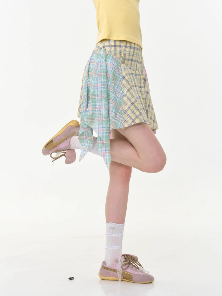 Contrasting Stitching High Waist Irregular Hem Plaid Skirt【s0000013013】