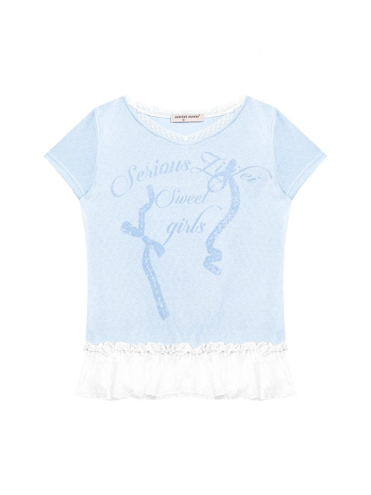 Lace Stitched Hem Letter Print Short Sleeve T-Shirt【s0000013014】