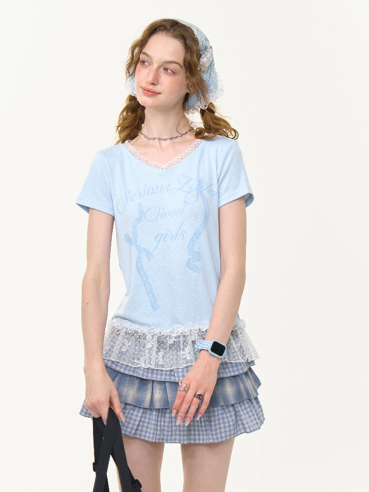 Lace Stitched Hem Letter Print Short Sleeve T-Shirt【s0000013014】