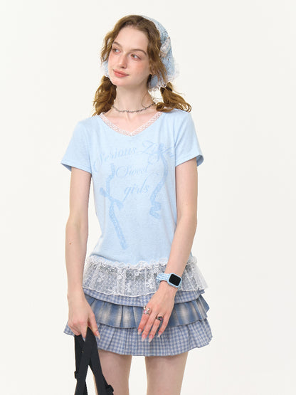 Lace Stitched Hem Letter Print Short Sleeve T-Shirt【s0000013014】
