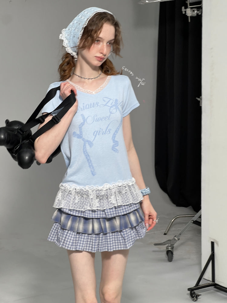 Lace Stitched Hem Letter Print Short Sleeve T-Shirt【s0000013014】