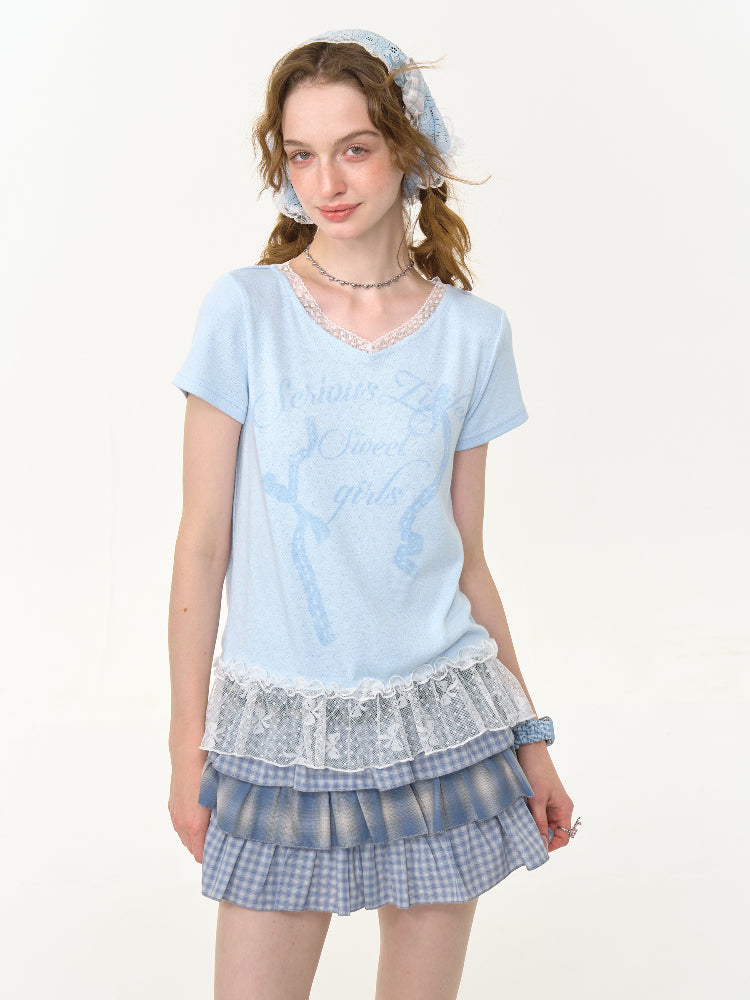 Lace Stitched Hem Letter Print Short Sleeve T-Shirt【s0000013014】
