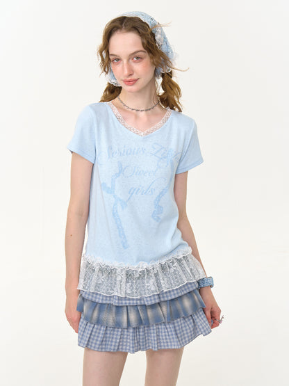 Lace Stitched Hem Letter Print Short Sleeve T-Shirt【s0000013014】