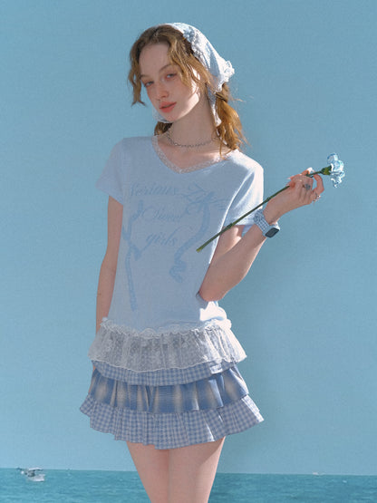 Lace Stitched Hem Letter Print Short Sleeve T-Shirt【s0000013014】