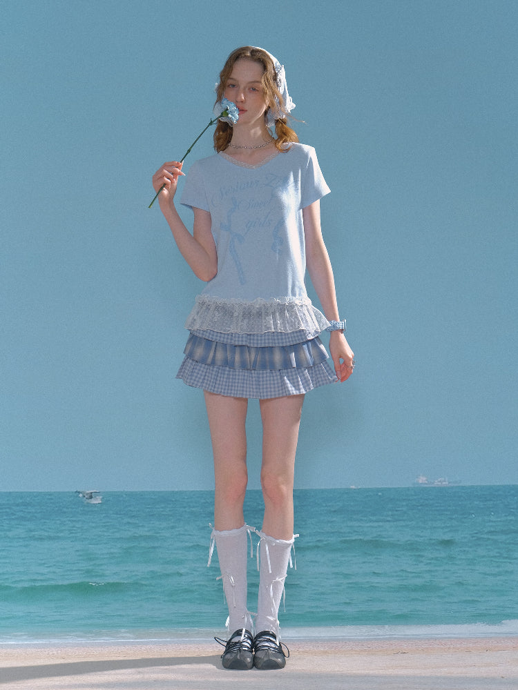Lace Stitched Hem Letter Print Short Sleeve T-Shirt【s0000013014】