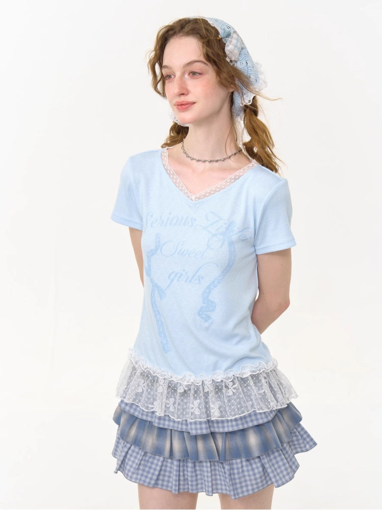 Lace Stitched Hem Letter Print Short Sleeve T-Shirt【s0000013014】