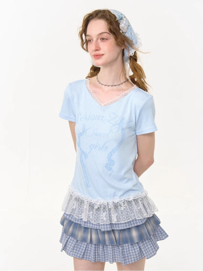 Lace Stitched Hem Letter Print Short Sleeve T-Shirt【s0000013014】
