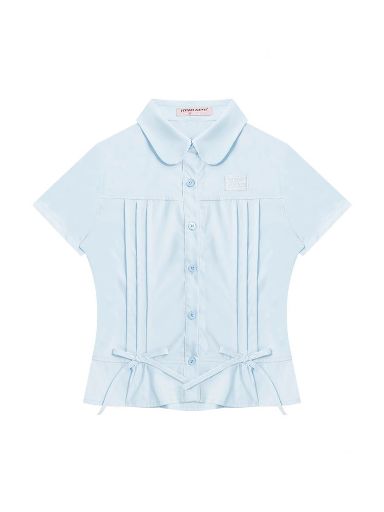 Cropped Bow Pin Tuck Short Sleeve Shirt【s0000013015】