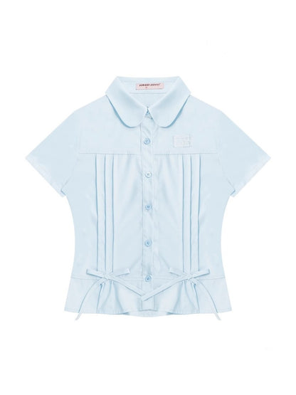 Cropped Bow Pin Tuck Short Sleeve Shirt【s0000013015】