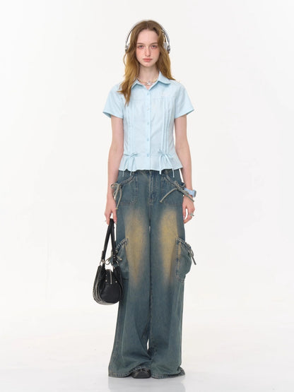 Cropped Bow Pin Tuck Short Sleeve Shirt【s0000013015】