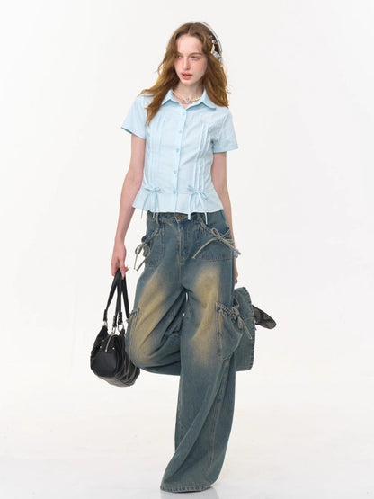 Cropped Bow Pin Tuck Short Sleeve Shirt【s0000013015】