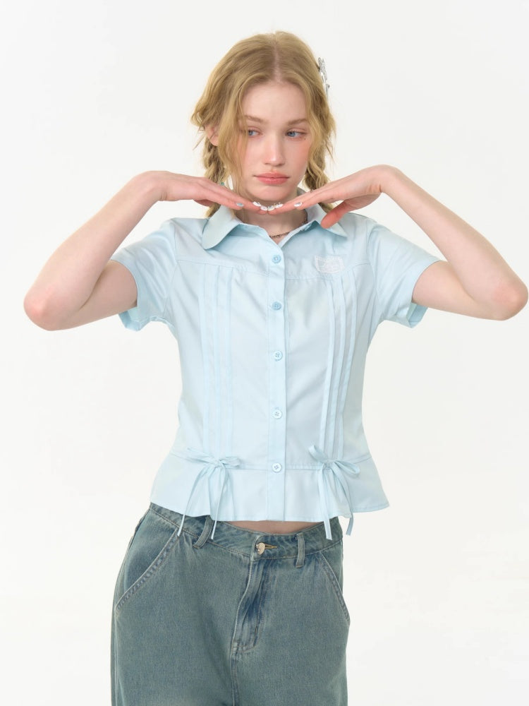 Cropped Bow Pin Tuck Short Sleeve Shirt【s0000013015】
