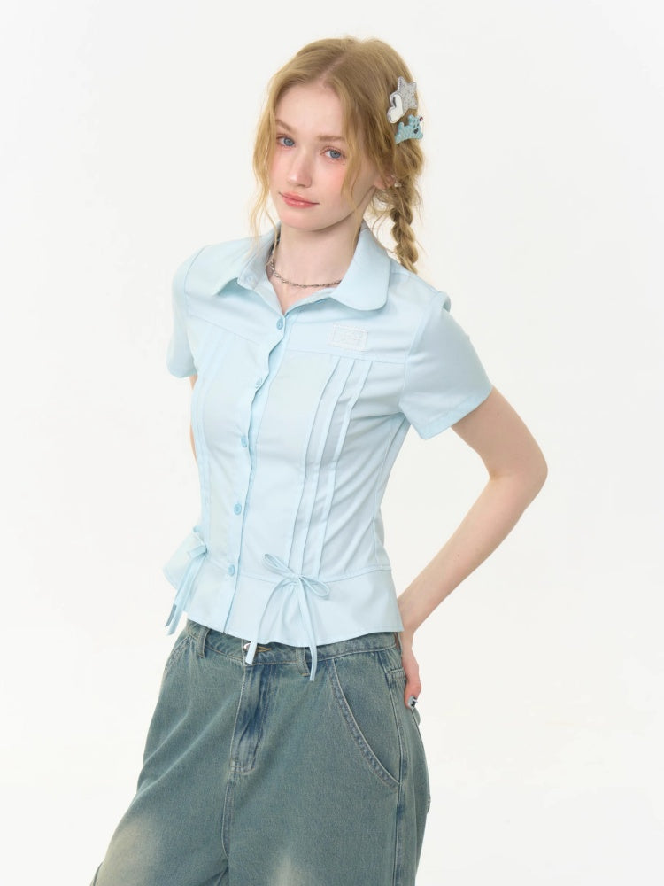 Cropped Bow Pin Tuck Short Sleeve Shirt【s0000013015】