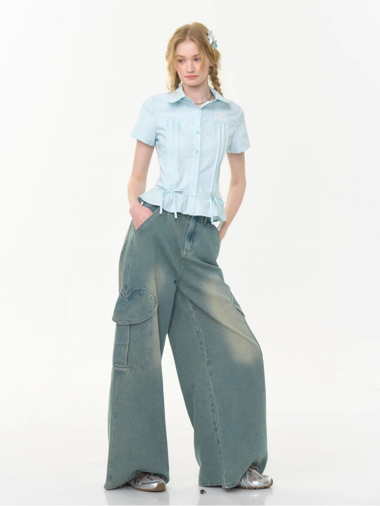 Cropped Bow Pin Tuck Short Sleeve Shirt【s0000013015】