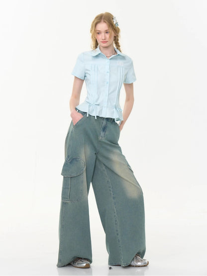 Cropped Bow Pin Tuck Short Sleeve Shirt【s0000013015】