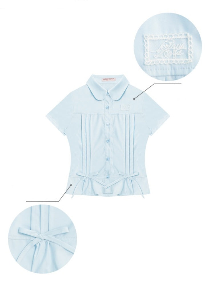 Cropped Bow Pin Tuck Short Sleeve Shirt【s0000013015】
