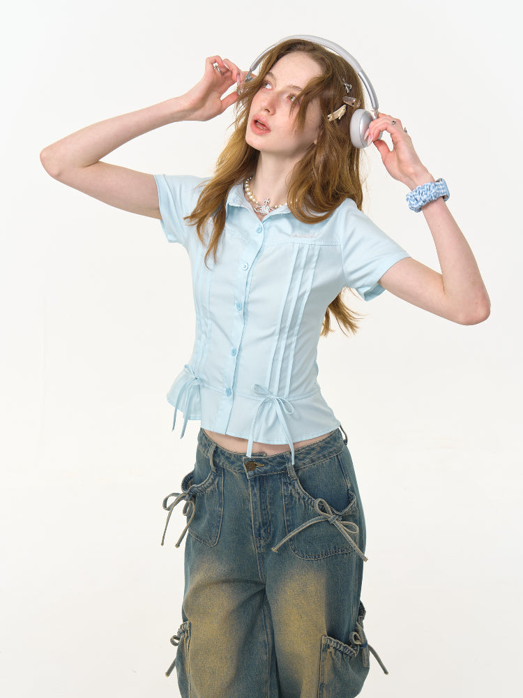 Cropped Bow Pin Tuck Short Sleeve Shirt【s0000013015】