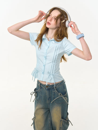 Cropped Bow Pin Tuck Short Sleeve Shirt【s0000013015】