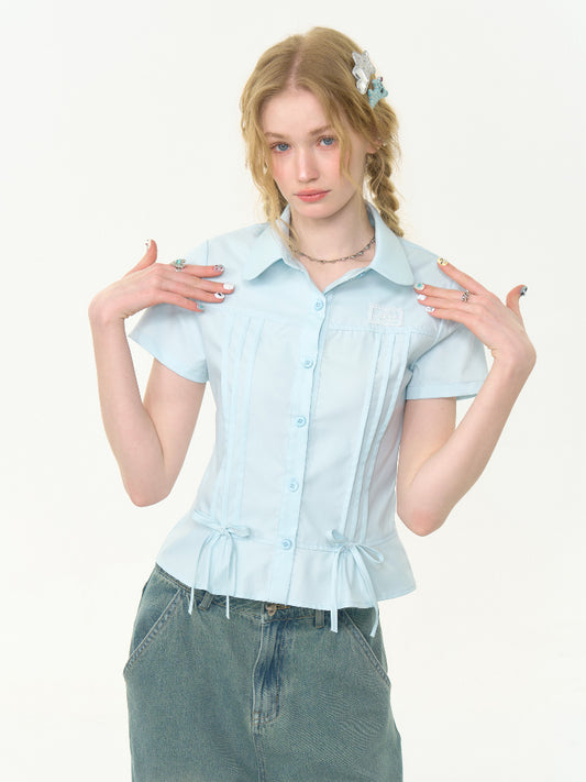 Cropped Bow Pin Tuck Short Sleeve Shirt【s0000013015】