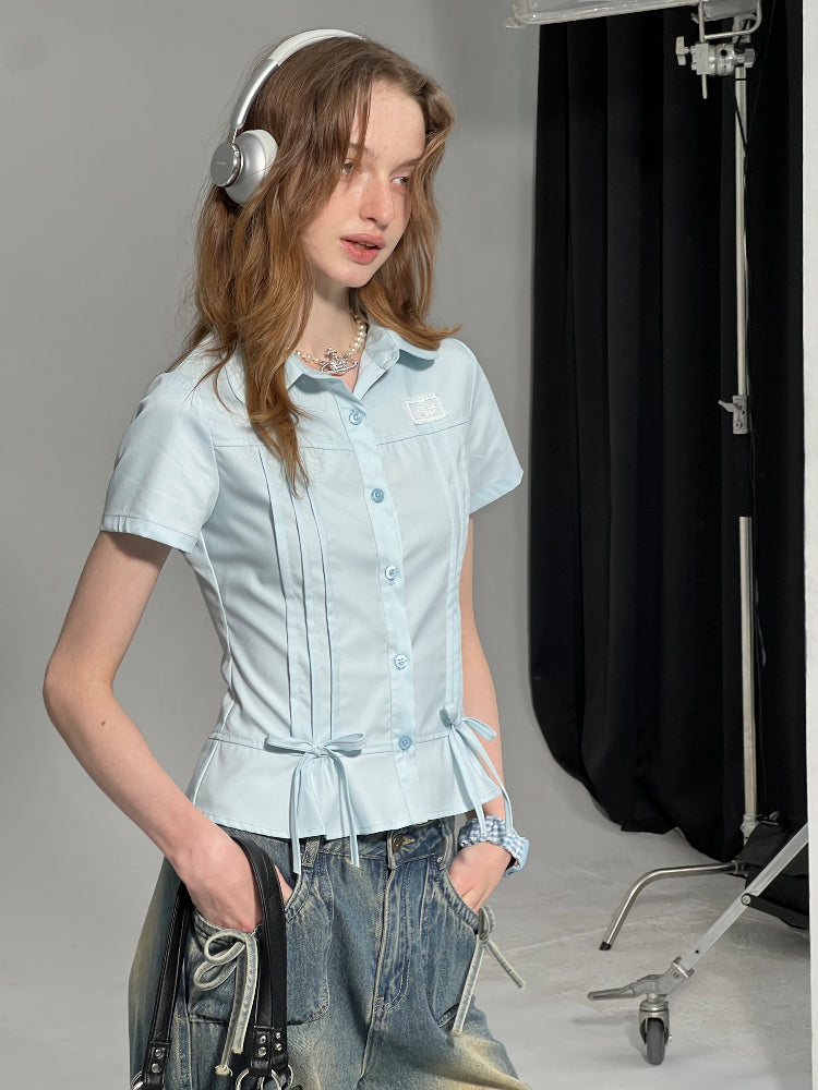 Cropped Bow Pin Tuck Short Sleeve Shirt【s0000013015】