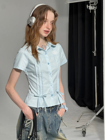 Cropped Bow Pin Tuck Short Sleeve Shirt【s0000013015】
