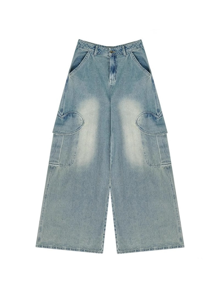 Distressed Loose Heart Big Pocket Wide Leg Straight Jeans【s0000013016】