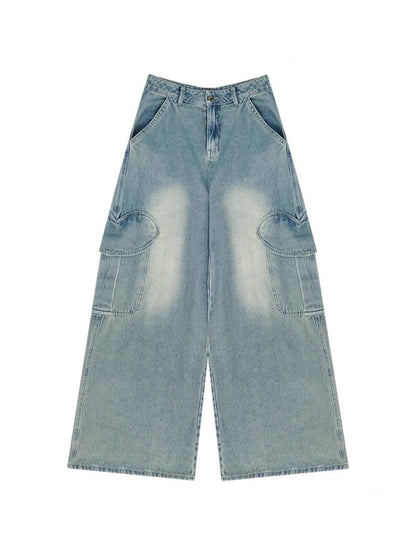 Distressed Loose Heart Big Pocket Wide Leg Straight Jeans【s0000013016】