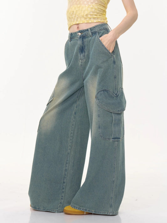 Distressed Loose Heart Big Pocket Wide Leg Straight Jeans【s0000013016】