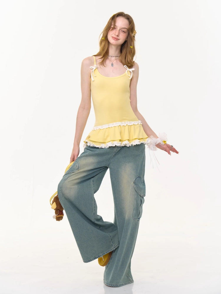 Distressed Loose Heart Big Pocket Wide Leg Straight Jeans【s0000013016】