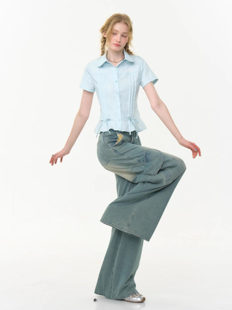 Distressed Loose Heart Big Pocket Wide Leg Straight Jeans【s0000013016】
