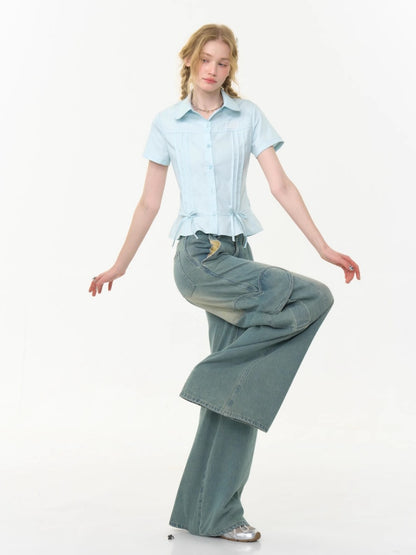 Distressed Loose Heart Big Pocket Wide Leg Straight Jeans【s0000013016】