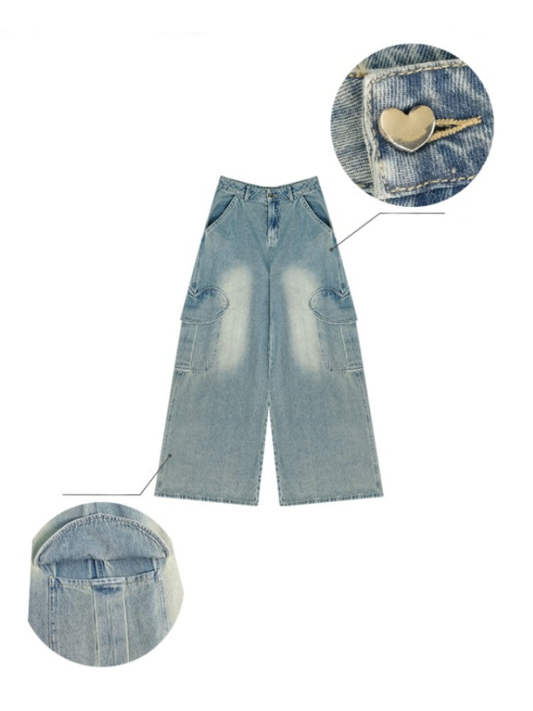 Distressed Loose Heart Big Pocket Wide Leg Straight Jeans【s0000013016】