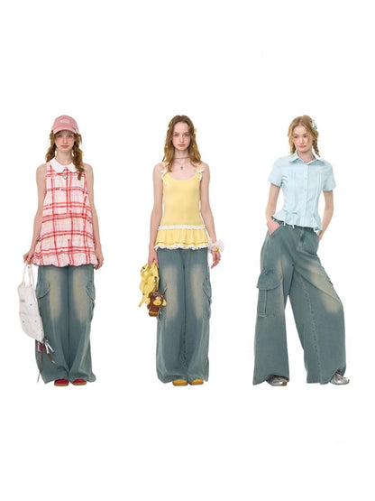 Distressed Loose Heart Big Pocket Wide Leg Straight Jeans【s0000013016】