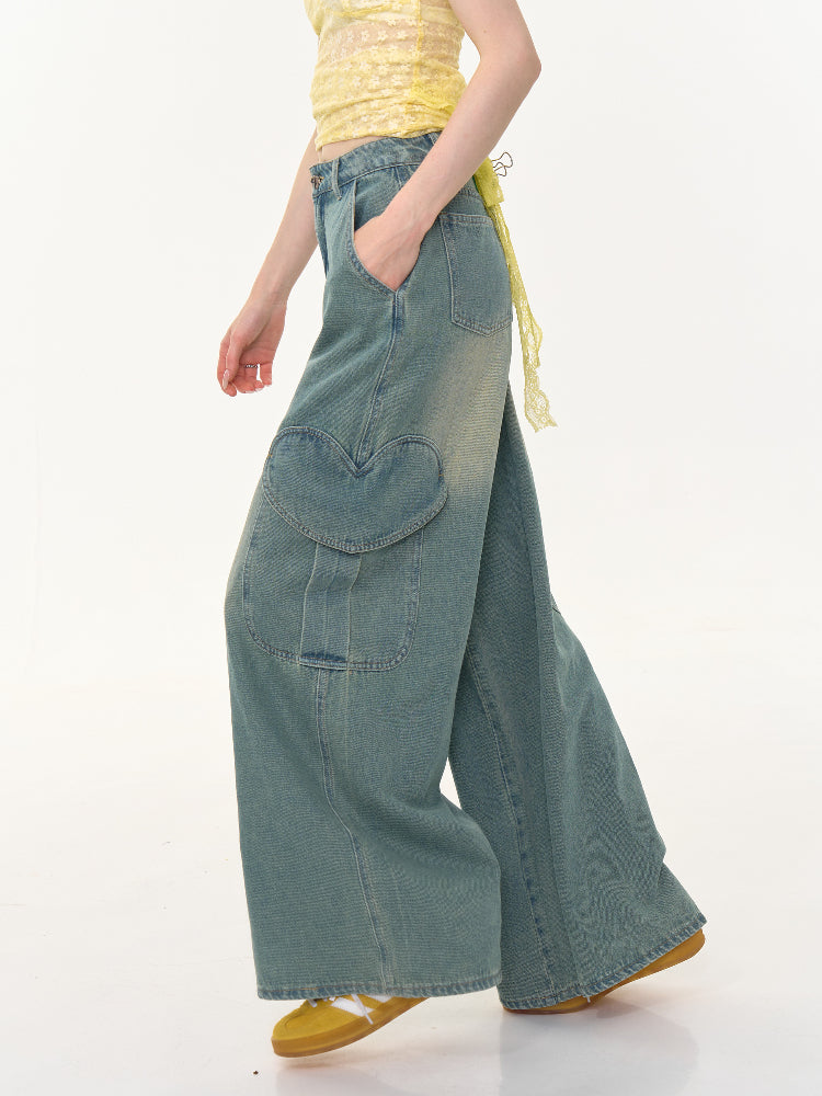 Distressed Loose Heart Big Pocket Wide Leg Straight Jeans【s0000013016】