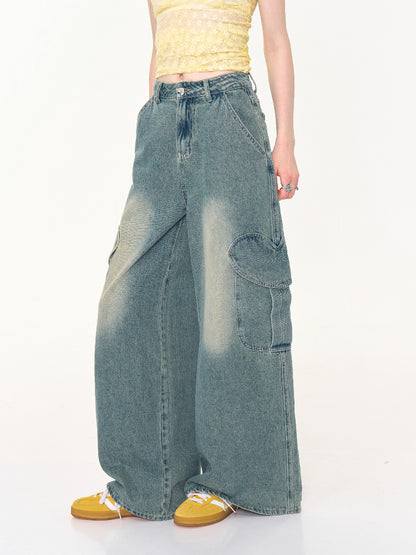 Distressed Loose Heart Big Pocket Wide Leg Straight Jeans【s0000013016】