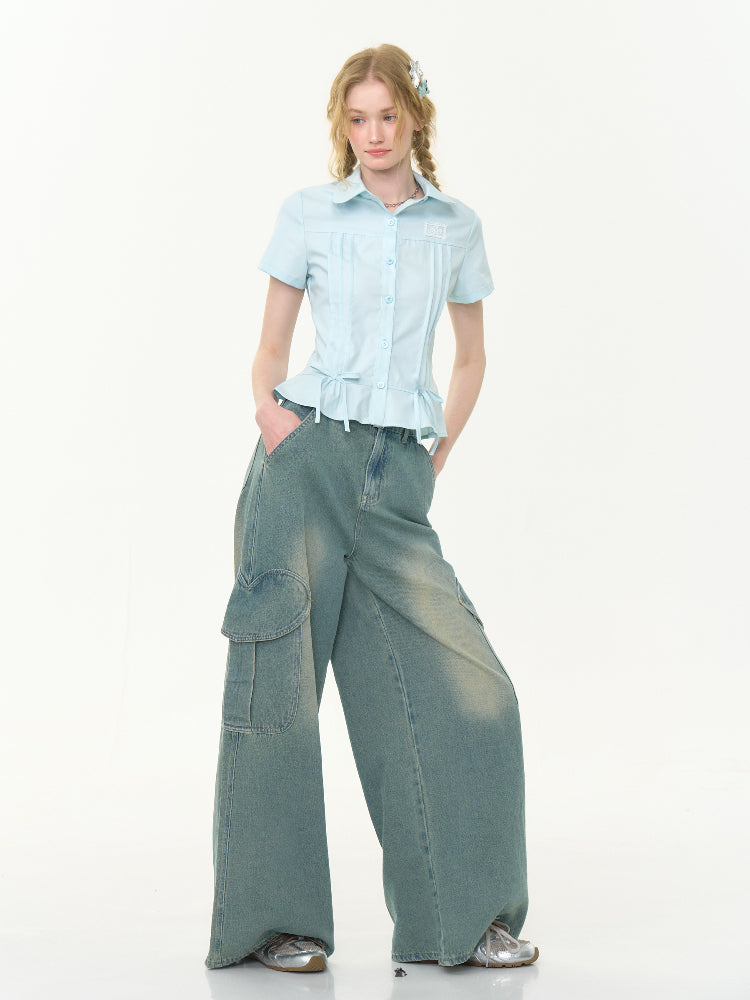 Distressed Loose Heart Big Pocket Wide Leg Straight Jeans【s0000013016】