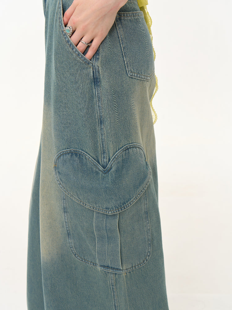 Distressed Loose Heart Big Pocket Wide Leg Straight Jeans【s0000013016】