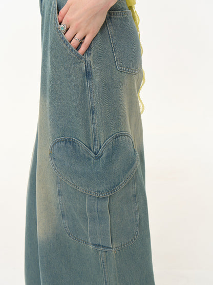 Distressed Loose Heart Big Pocket Wide Leg Straight Jeans【s0000013016】