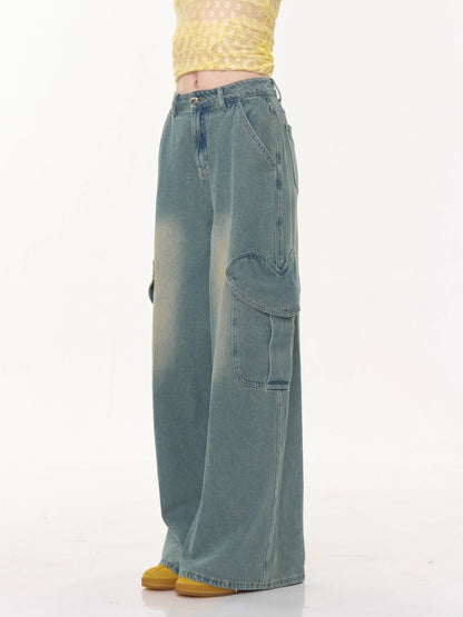 Distressed Loose Heart Big Pocket Wide Leg Straight Jeans【s0000013016】