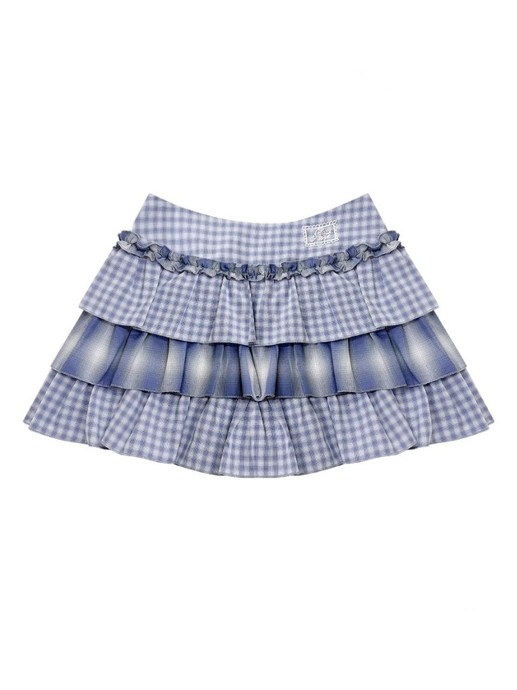 Ombre Check Pleated Ruffle High Waist Cake Skirt【s0000013018】
