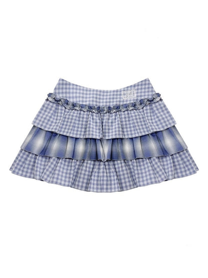 Ombre Check Pleated Ruffle High Waist Cake Skirt【s0000013018】