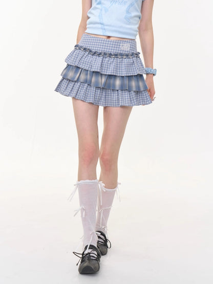 Ombre Check Pleated Ruffle High Waist Cake Skirt【s0000013018】