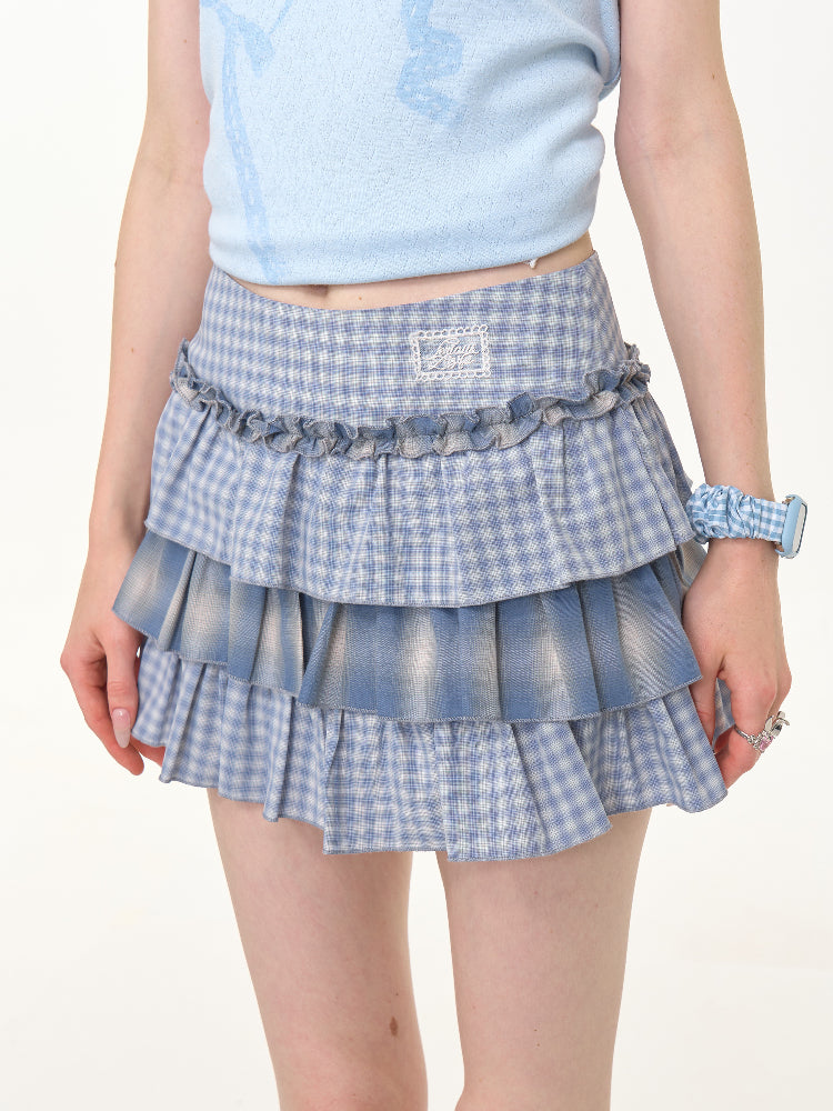 Ombre Check Pleated Ruffle High Waist Cake Skirt【s0000013018】