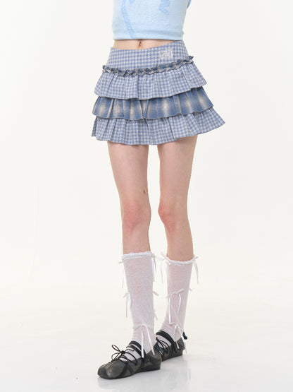 Ombre Check Pleated Ruffle High Waist Cake Skirt【s0000013018】