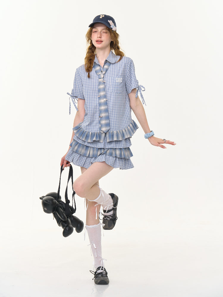 Ombre Check Pleated Ruffle High Waist Cake Skirt【s0000013018】