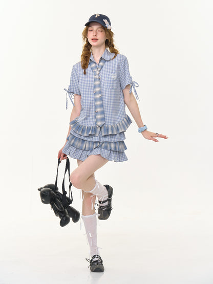 Ombre Check Pleated Ruffle High Waist Cake Skirt【s0000013018】