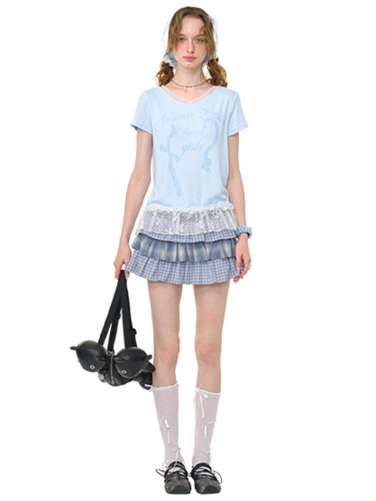 Ombre Check Pleated Ruffle High Waist Cake Skirt【s0000013018】
