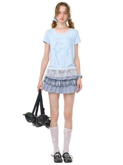 Ombre Check Pleated Ruffle High Waist Cake Skirt【s0000013018】