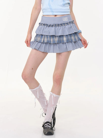Ombre Check Pleated Ruffle High Waist Cake Skirt【s0000013018】