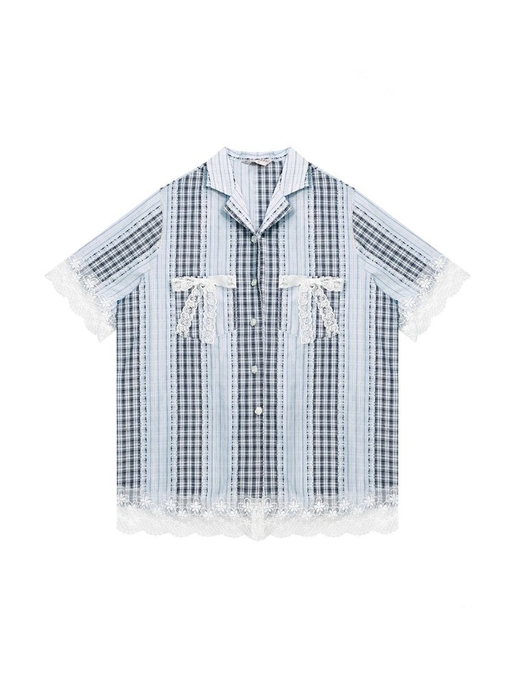 Patchwork Lace Bow Striped Plaid Short Sleeve Shirt【s0000013019】